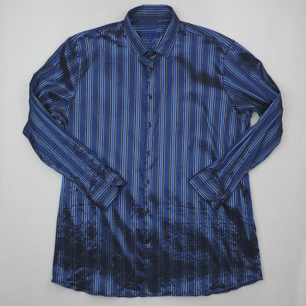 Luchiano Visconti Shirt Mens 3XL Blue‎ Black Stripe Stretch Button Up Iridescent